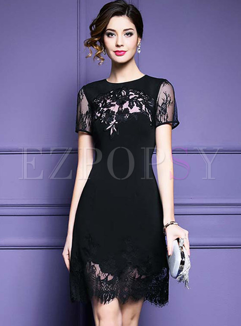Black Lace Hollow Out A-line Dress