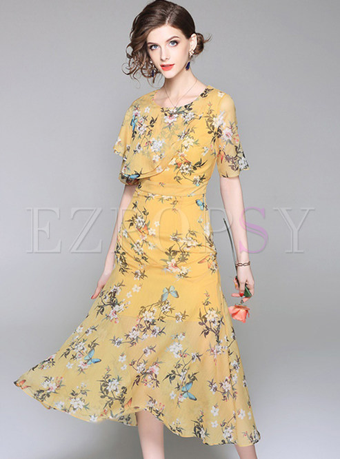 Yellow Floral Print Short Sleeve A-line Dress