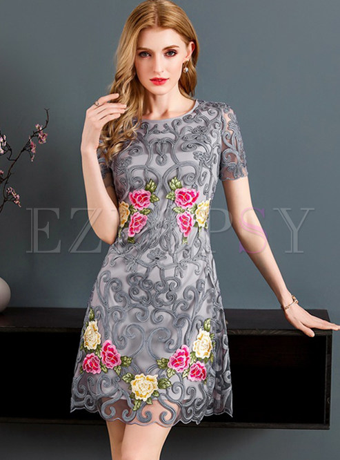 Grey Mesh Embroidered Short Sleeve A-line Dress