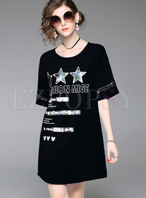 Black Star Letter Pattern Print T-shirt Dress