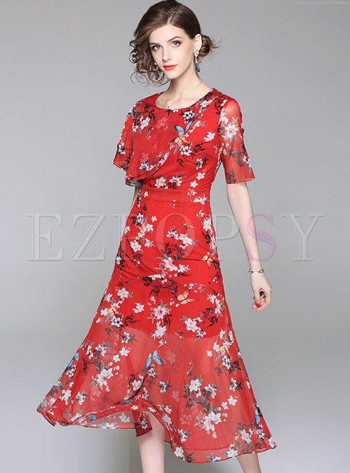 Dresses | Skater Dresses | Red Floral Print A-line Dress
