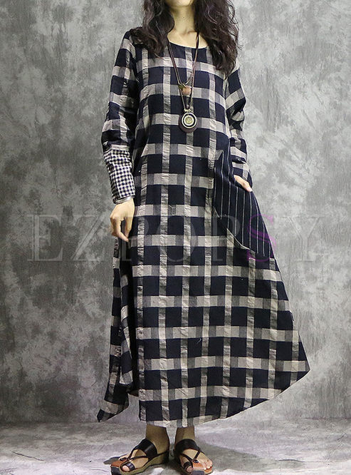Plaid Asymmetric Vintage Splicing Falbala Dress