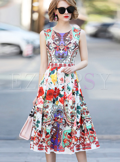 Dresses | Skater Dresses | Street Floral Print Sleeveless A-line Dress