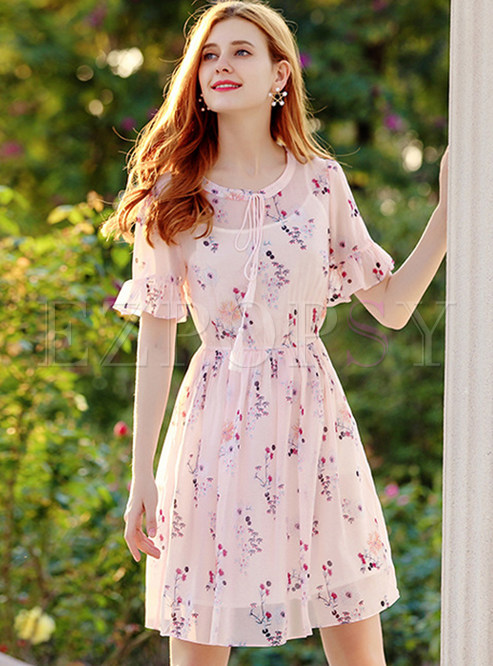 Dresses | Skater Dresses | Pink Sweet Floral Print Chiffon Dress