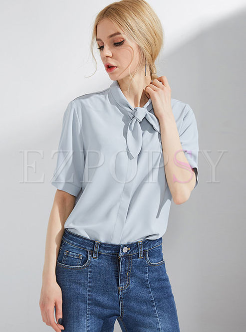 Blue Fashion Tied Single-breasted Pure Color Blouse