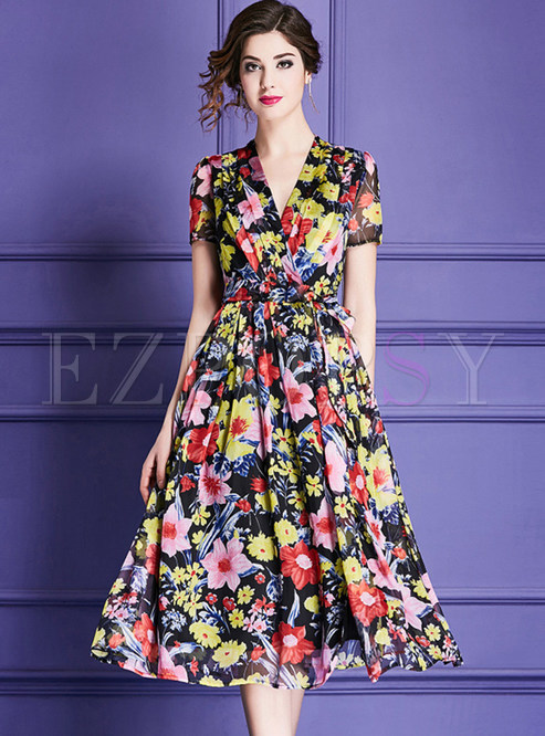 Dresses | Skater Dresses | Chiffon Floral Print Belted Skater Dress