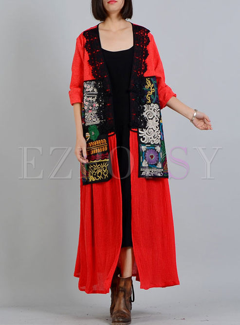 Red Ethnic Linen Embroidery Lace Coat