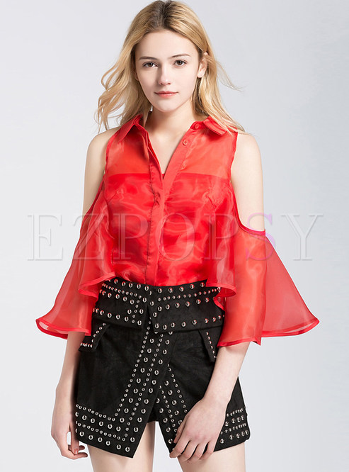 Red Sexy Lapel Perspective Blouse