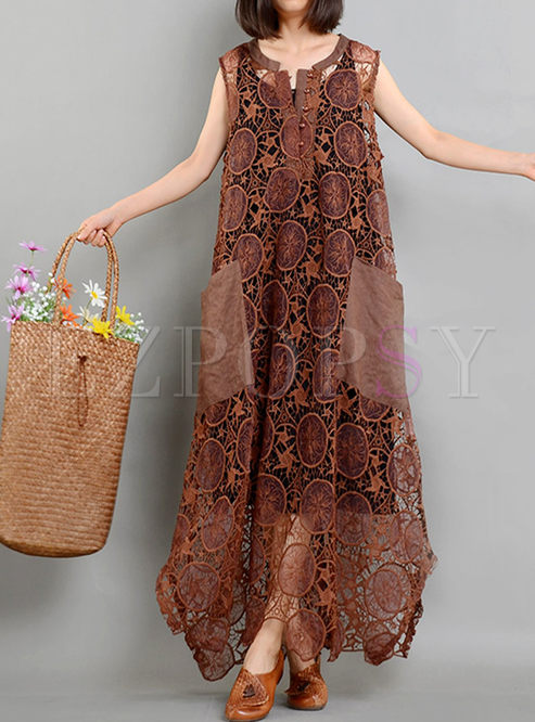 Coffee Lace Ethnic Hollow Out Dress With Vest 
