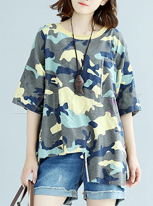 Fashion Asymmetric Camouflage Loose T-shirt 