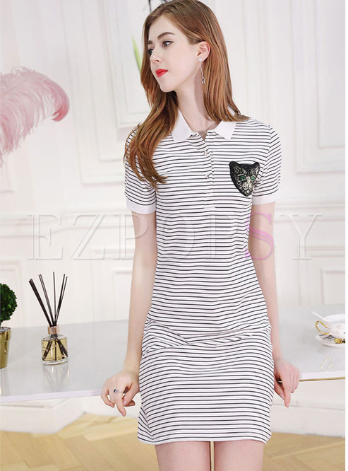 Striped Cute Cat Lapel T-shirt Dress