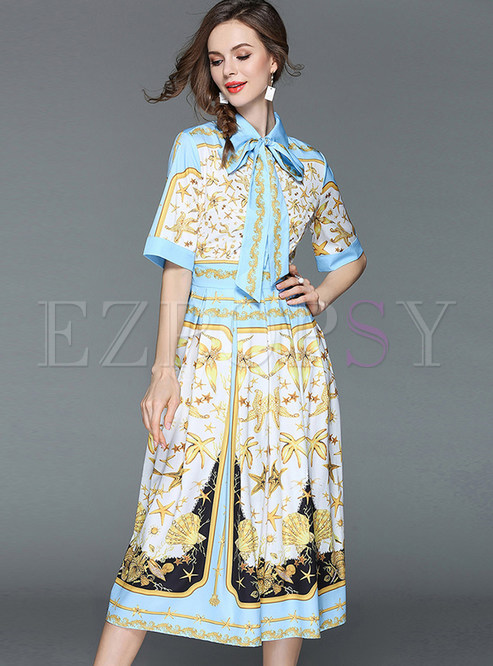Court Lapel Belted Print Pleated Dress