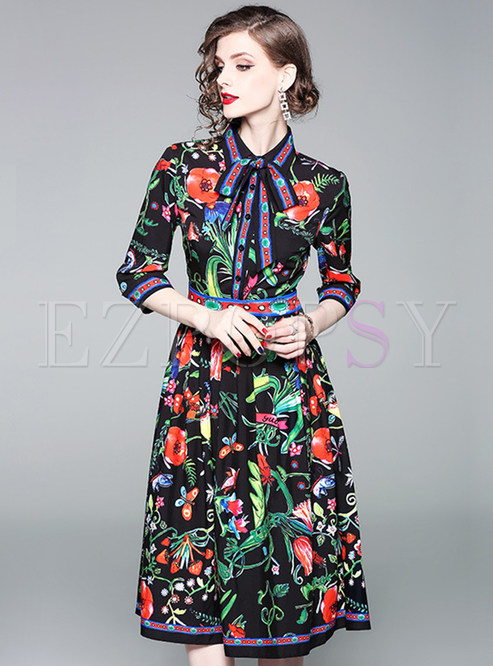 Dresses | Skater Dresses | Floral Print Bowknot High Waisted Midi Dress