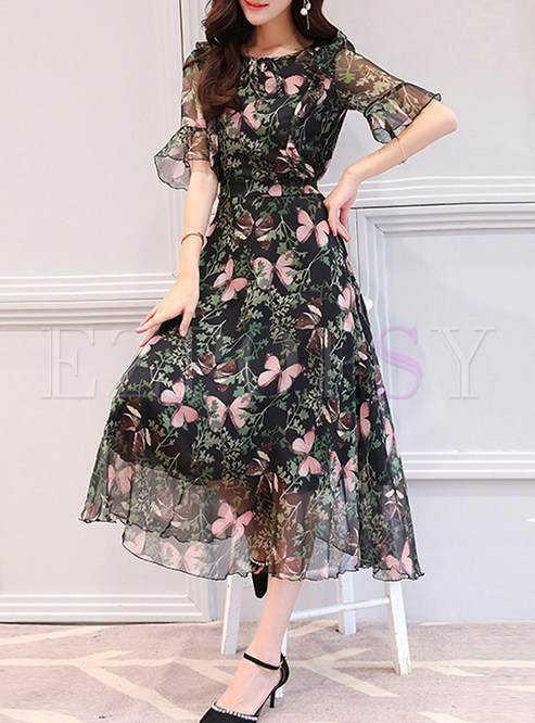 Dresses | Maxi Dresses | Black Butterfly Print Flare Sleeve Maxi Dress