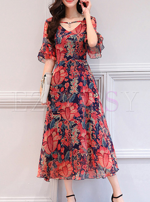 Dresses | Maxi Dresses | Floral Print Flare Sleeve Chiffon Dress