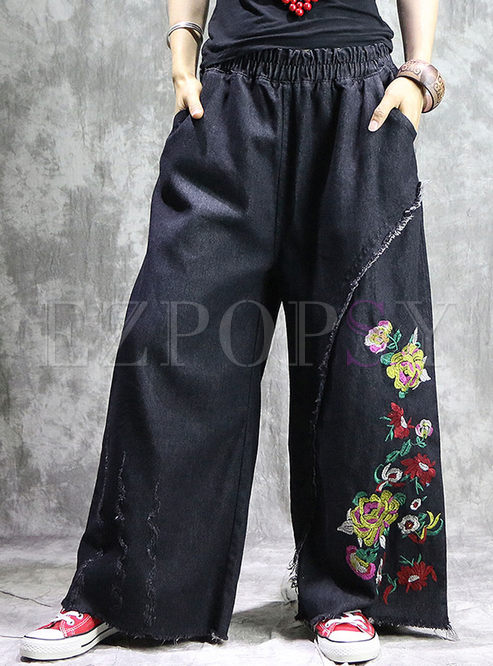 Ethnic Embroidery Denim Wide Leg Pants 