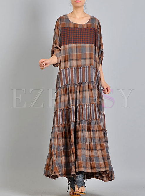 Dresses | Maxi Dresses | Ethnic Plaid Splicing Layered Plus Size Dress