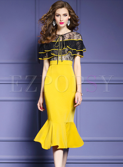 Fashion Color-blocked Lace Perspective Tied Sheath Midi Dress