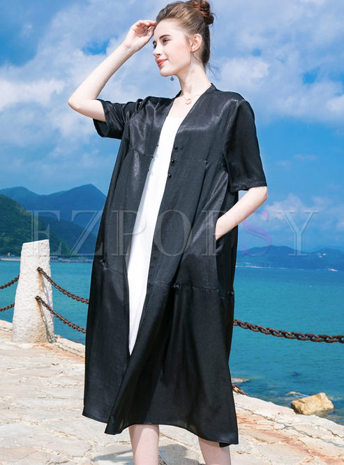 Black Single-breasted Short Sleeve Long Coat 