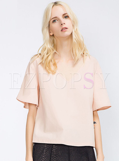 Pink V-neck Flare Sleeve Loose T-shirt