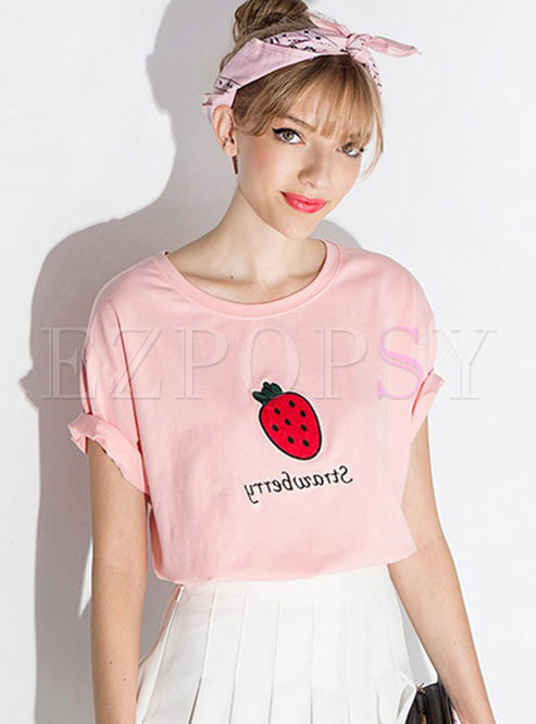 Pink Brief Embroidery All-match T-shirt 