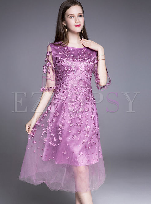 Dresses | Skater Dresses | Purple Sweet Mesh Embroidery Waist Cocktail ...