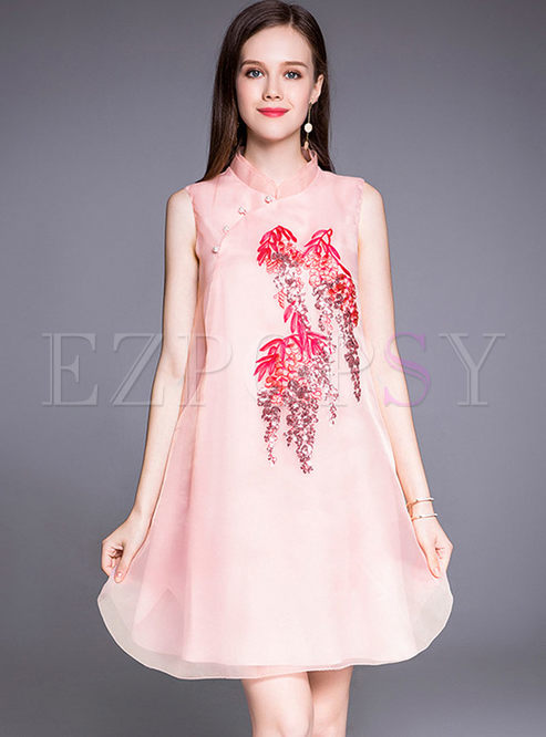Pink Spangle Stand Collar Babydoll Dress