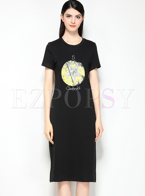Black Casual Letter Print T-shirt Dress