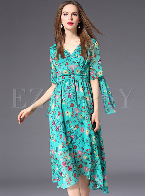 Dresses | Skater Dresses | Green Floral Print The Waist Chiffon Dress