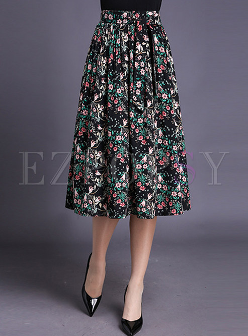 Floral Print Elastic Waist Midi Skirt