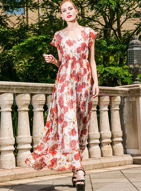 Chic Silk Flower Print Maxi Dress