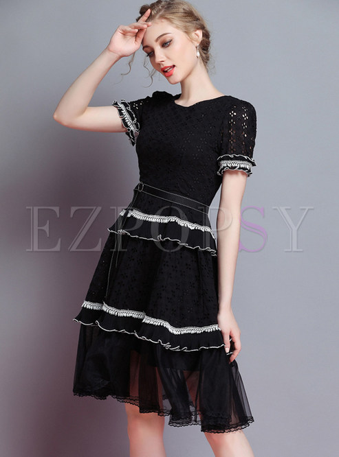 Black Stringy Selvedge Short Sleeve Dress