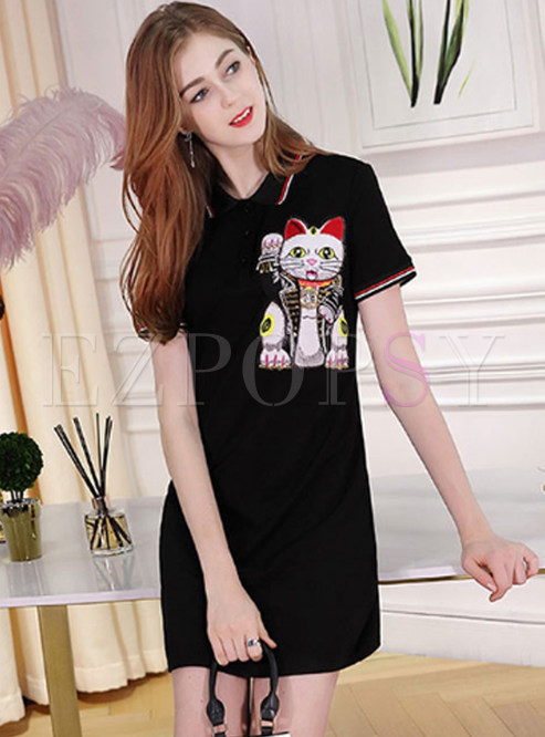 Black Cute Cartoon Lapel T-shirt Dress