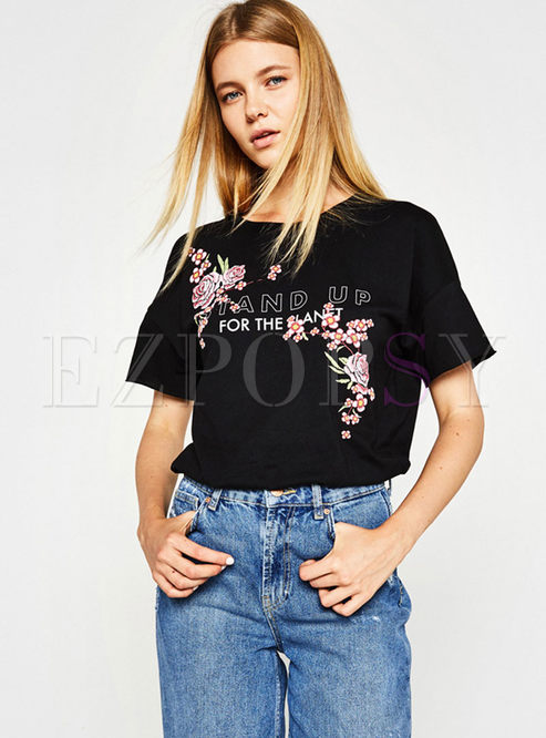 Fashion Embroidery Letter Print Backless T-shirt 