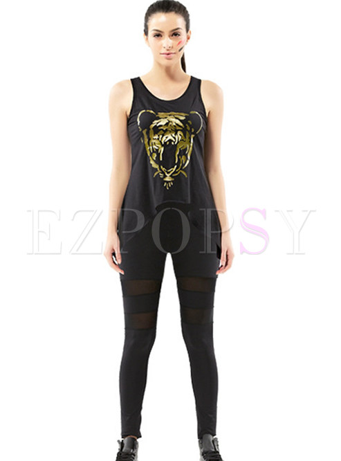 Black Print Sleeveless Asymmetric Top & Sport Pants