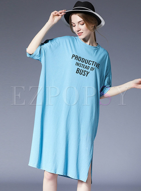 Blue Casual Fashion Plus Size T-shirt Dress