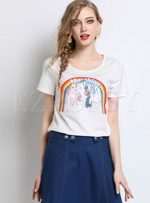White Casual Print All-match Plus Size T-shirt