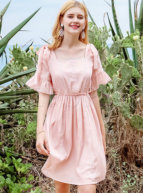 Pink Flare Sleeve Waist A Line Dress