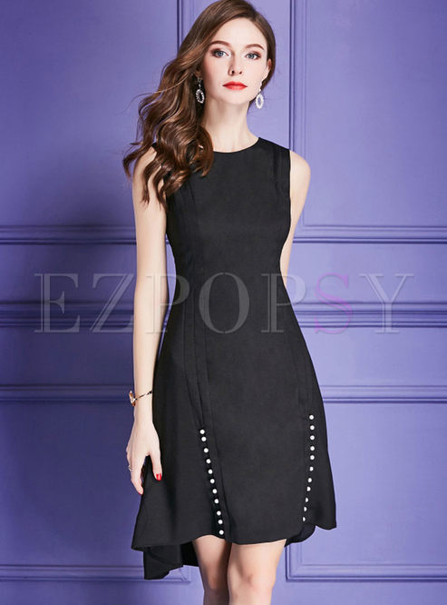 Elegant Beaded Sleeveless Asymmetric Stitching Dress