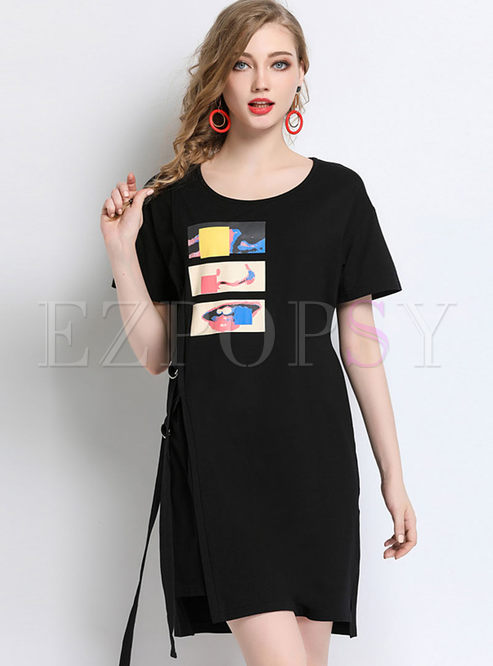 Black Print Cotton Split T-shirt Dress