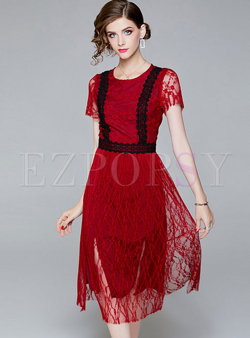 Lace See Through Splicing Skater Dress