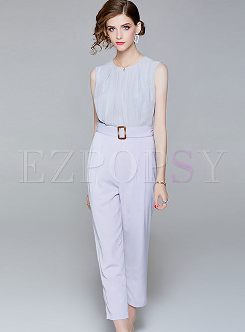 Grey Brief Sleeveless Belted Straight Jumpsuit