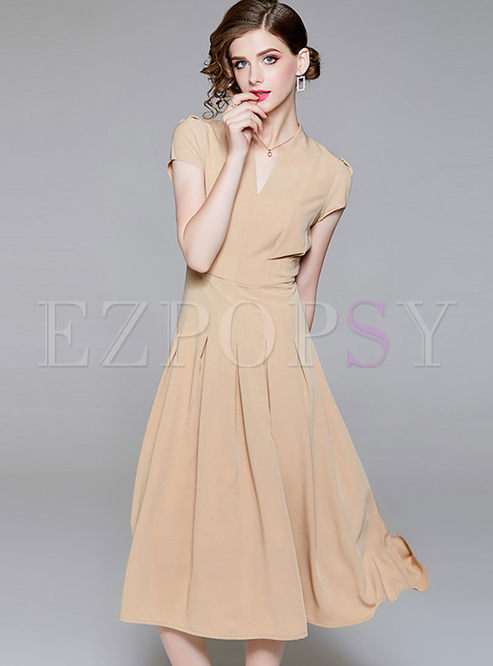 Elegant Solid Color Waist Big Hem Dress