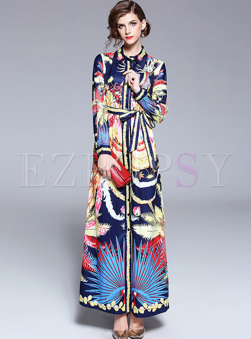 Stylish Printing Single-breasted Belted Maxi Dress
