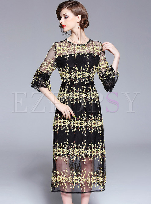 Lace Splicing Mesh Embroidery Party Dress