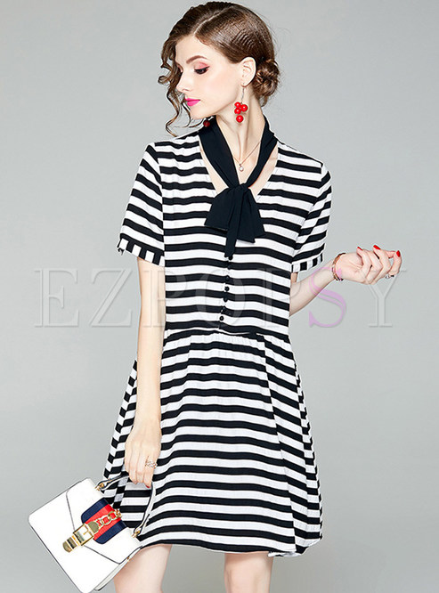 Cute Striped Stitching A Line Dress