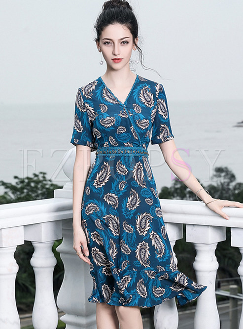 Stylish Print Short Sleeve A Line Dress