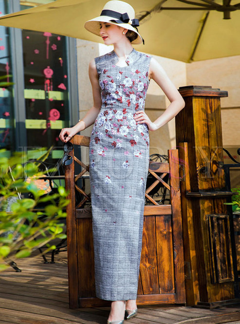 Vintage Floral Print Sheath Maxi Dress