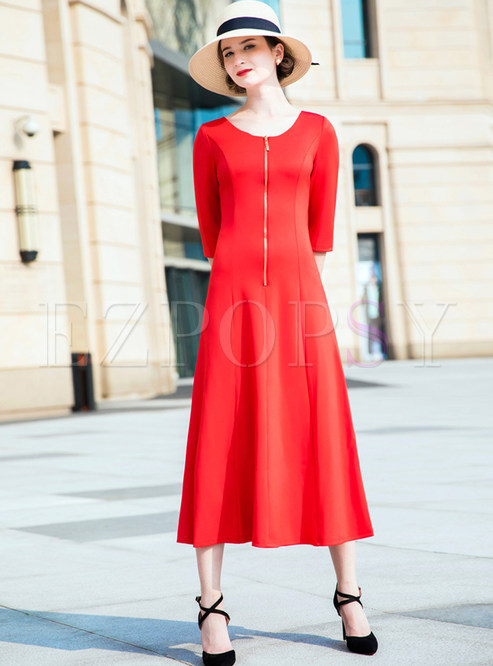 Red Three Quarters Sleeve Maxi Dress