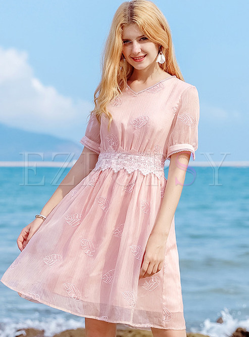 Pink Embroidery Waist Chiffon Dress